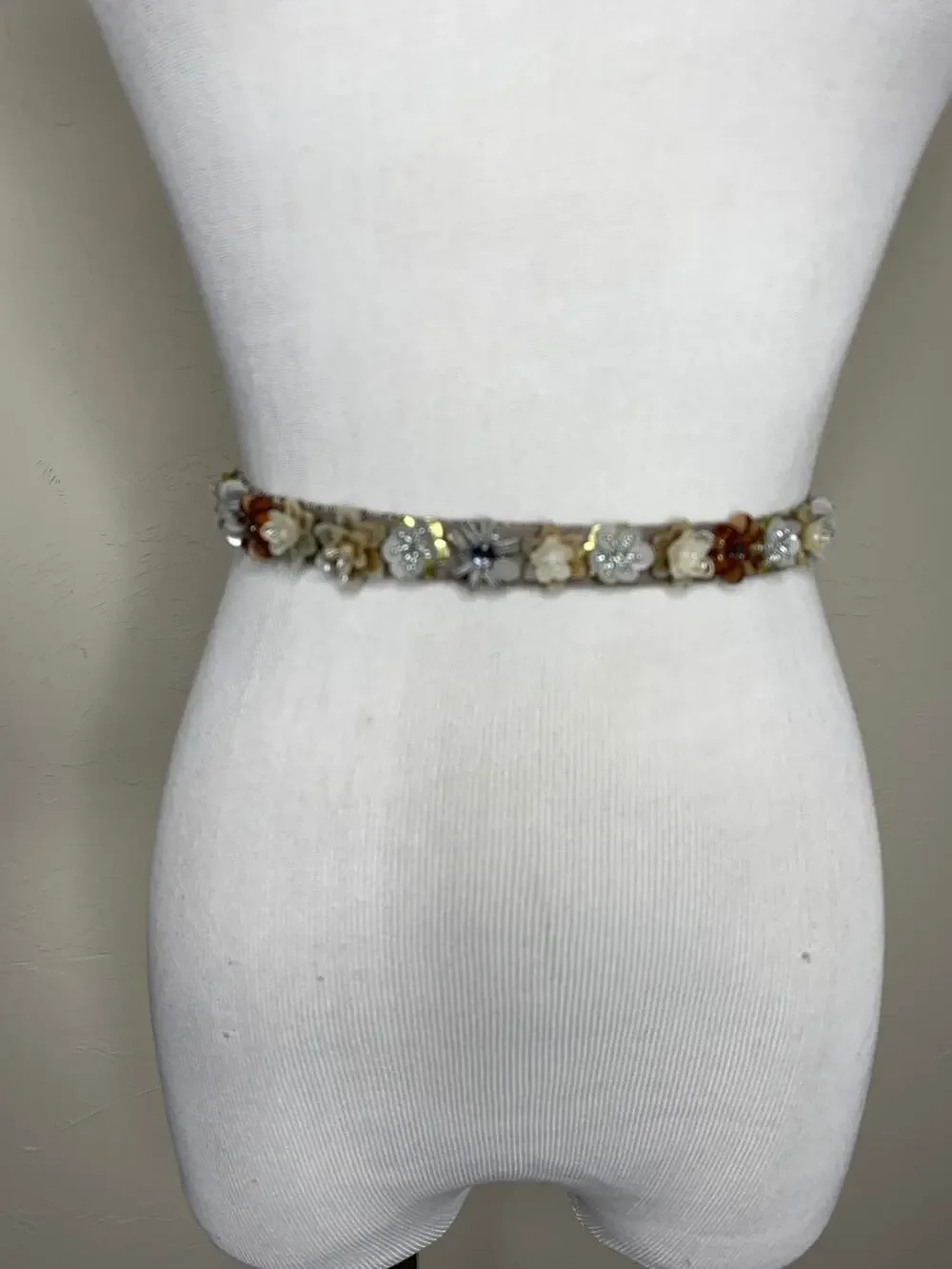 Beaded Flowers Stretch Belt Narrow Boho Shabby Chic Cottage